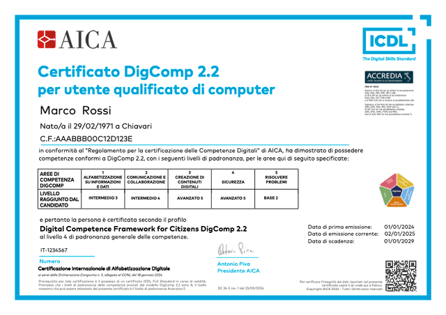 Certificato AICA DigComp 2.2 utente qualificato di computer