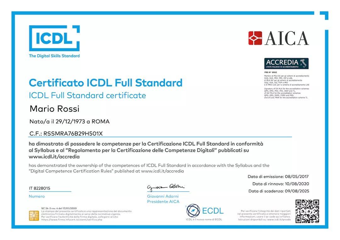 Esempio certificato ICDL rilasciato da Araba Fenice
